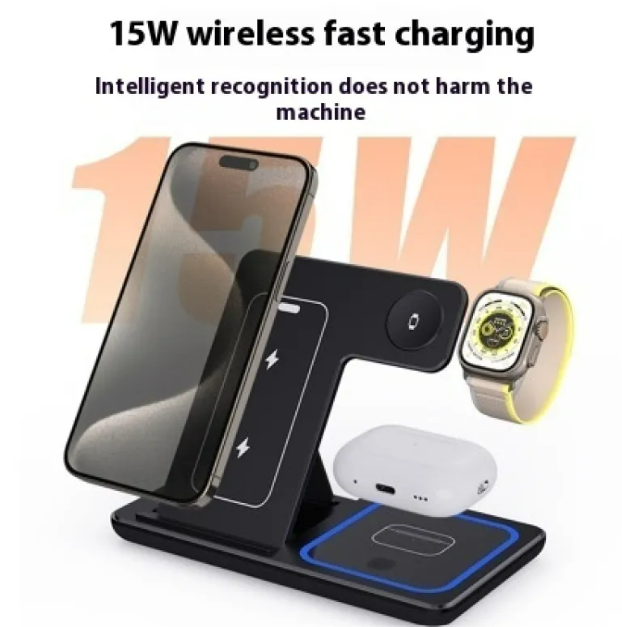 Chargeur Sans Fil 3-en-1 Pliable 15W – Station de Charge Rapide LED pour Smartphone, Montre Connectée et Écouteurs