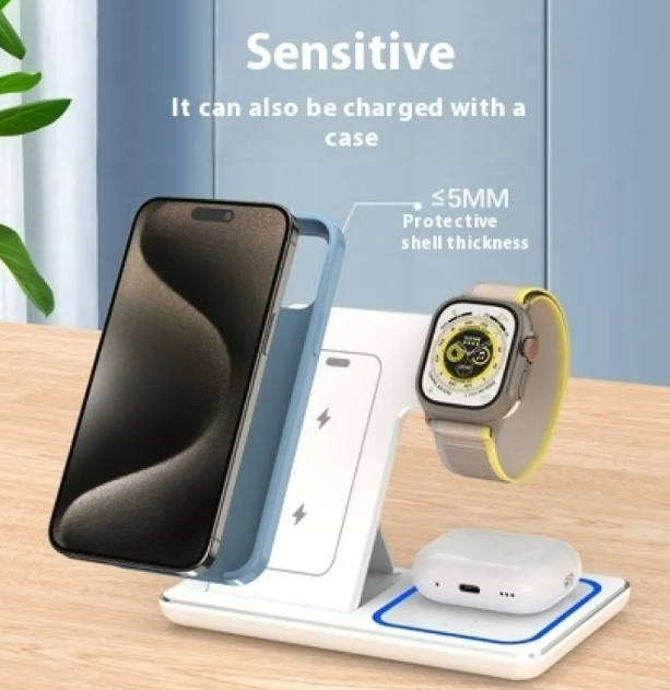 Chargeur Sans Fil 3-en-1 Pliable 15W – Station de Charge Rapide LED pour Smartphone, Montre Connectée et Écouteurs