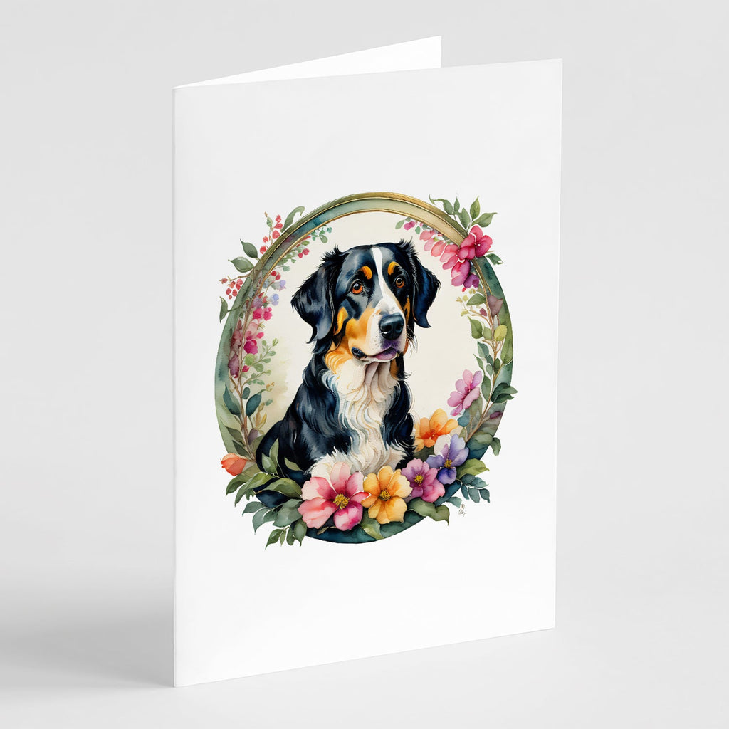 Lot de 8 Cartes de Vœux Appenzeller Sennenhund – Motifs Chien et Fleurs, Cartes Élégantes Toutes Occasions