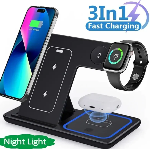 Chargeur Sans Fil 3-en-1 Pliable 15W – Station de Charge Rapide LED pour Smartphone, Montre Connectée et Écouteurs