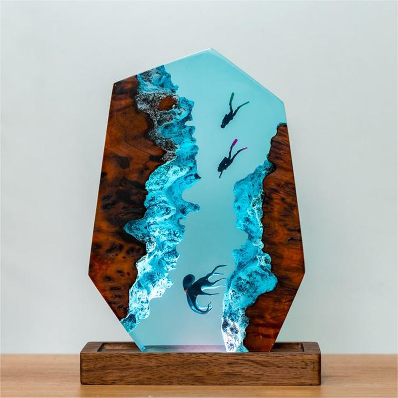 Veilleuse 3D en Résine – requin et Plongeur, Lampe Décorative Artisanale