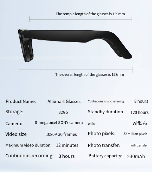 Lunettes Intelligentes avec Caméra IA – Smart Glasses Connectées, Capture Photo/Vidéo et Fonctions Assistées