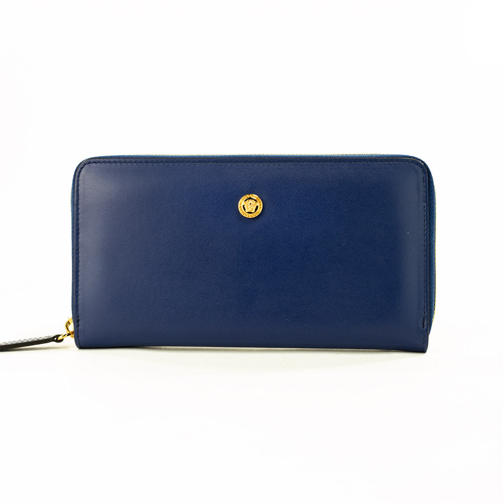 Portefeuille Continental en Cuir Bleu Marine – Style Méduse, Élégant et Spacieux