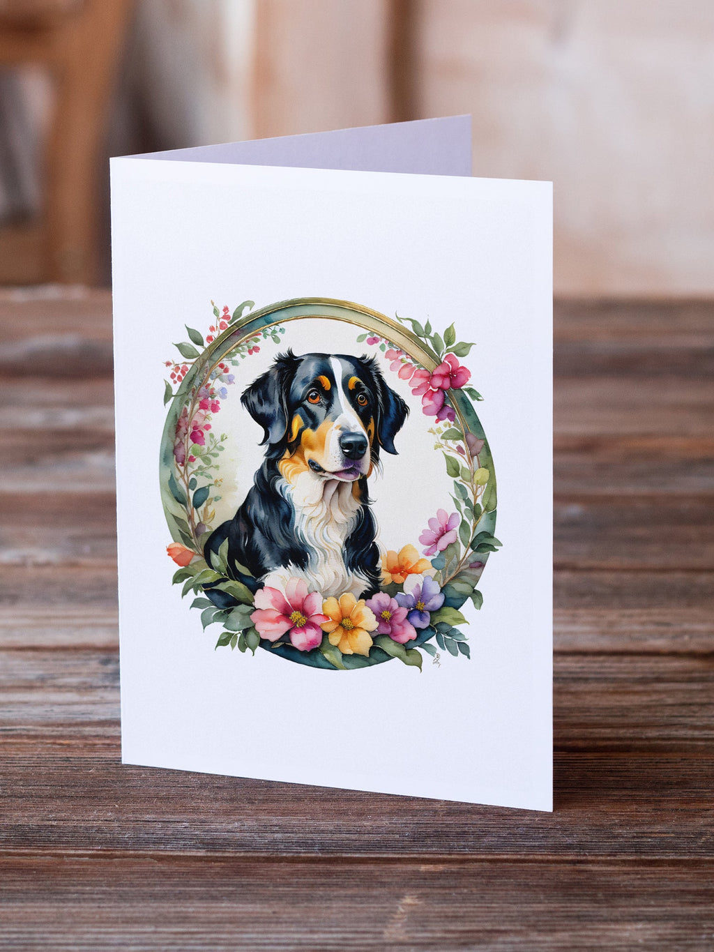 Lot de 8 Cartes de Vœux Appenzeller Sennenhund – Motifs Chien et Fleurs, Cartes Élégantes Toutes Occasions