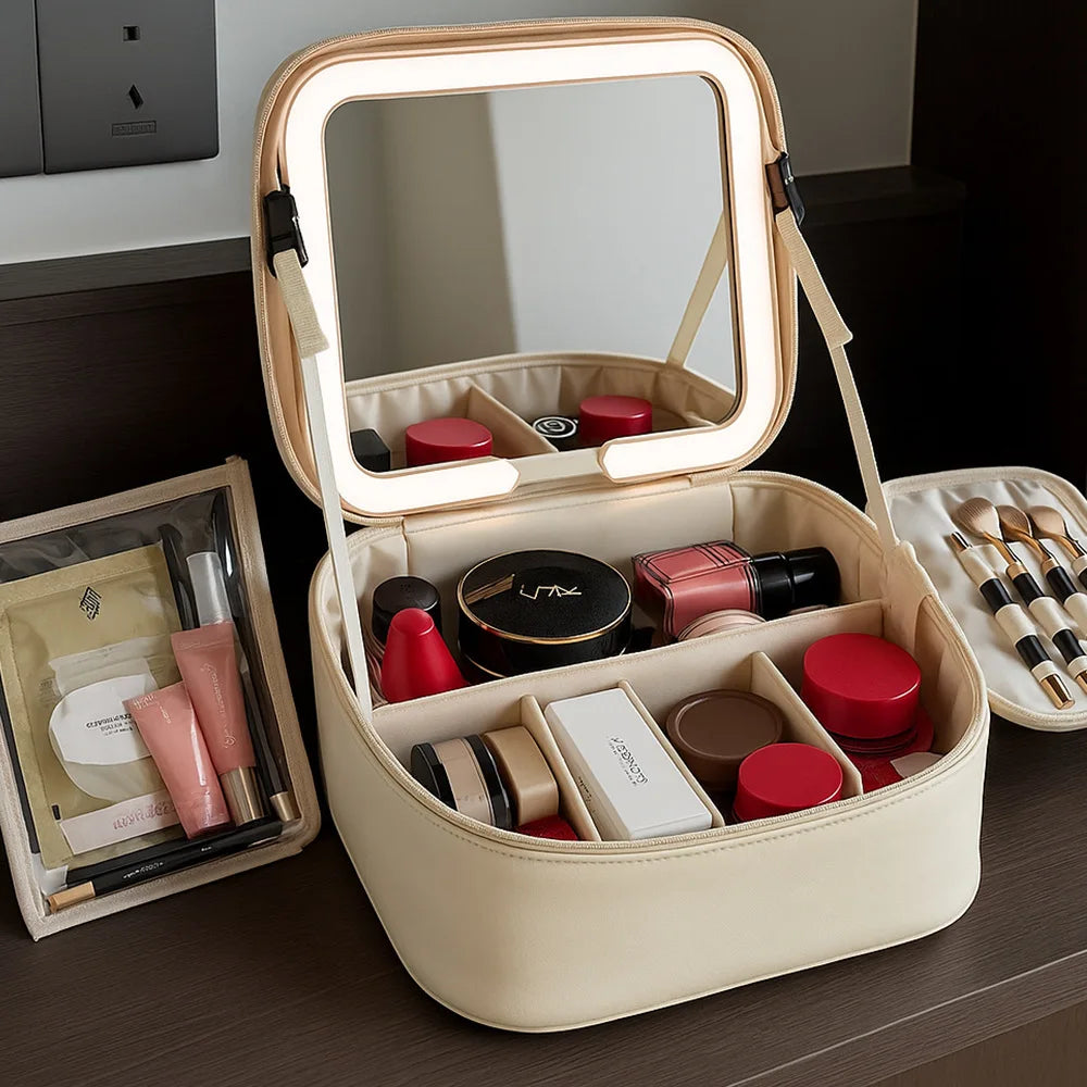 Trousse de maquillage avec miroir LED – Grande capacité, organisateur de voyage
