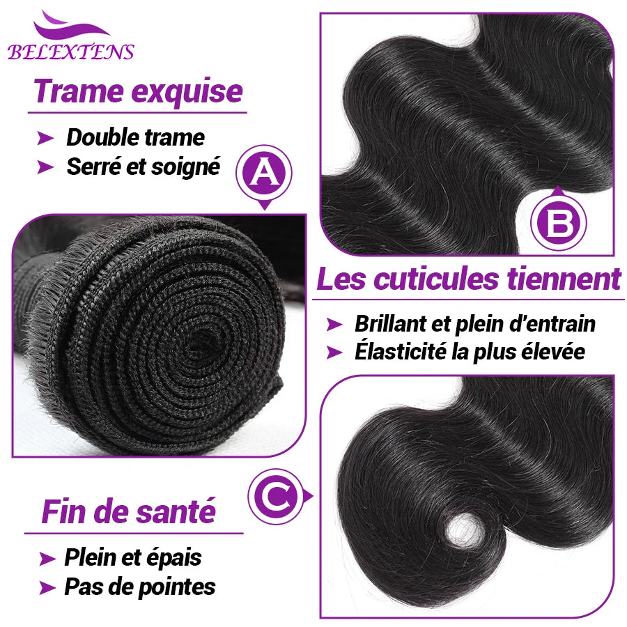 Tissage Body Wave 100 % Cheveux Humains Brésiliens – 12 à 32 Pouces