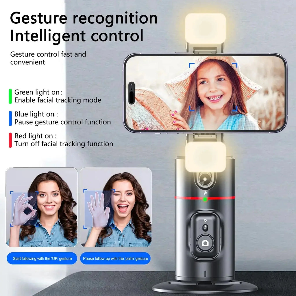 Trépied Intelligent à Suivi Automatique du Visage 360° – Support de Téléphone avec Contrôle par Gestes, Sans Application, Idéal pour Vidéos et Live Streaming