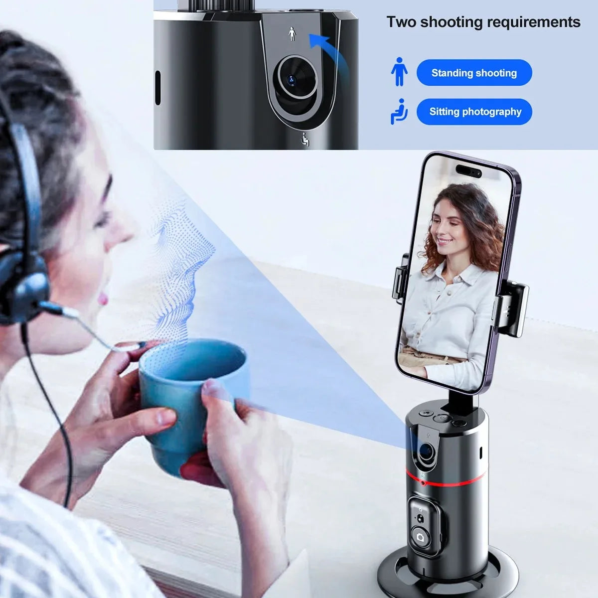 Trépied Intelligent à Suivi Automatique du Visage 360° – Support de Téléphone avec Contrôle par Gestes, Sans Application, Idéal pour Vidéos et Live Streaming