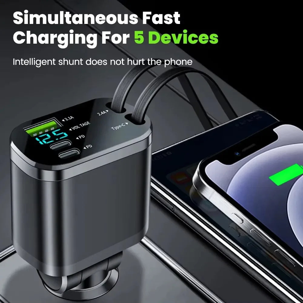 Chargeur de voiture rétractable 150W 5-en-1 – Charge rapide USB