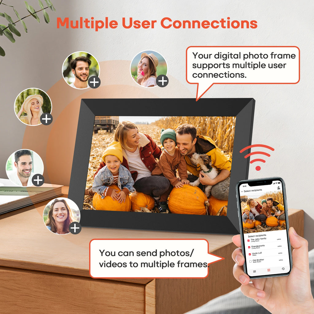 Cadre Photo Numérique Frameo 10,1" WiFi – Écran Tactile HD IPS 1280 × 800, 32 Go, Partage Instantané de Photos, Montage Mural