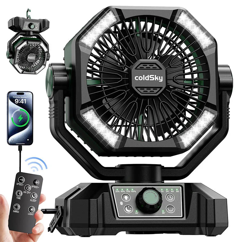 Ventilateur de camping 20 000 mAh avec LED – Portable et rechargeable
