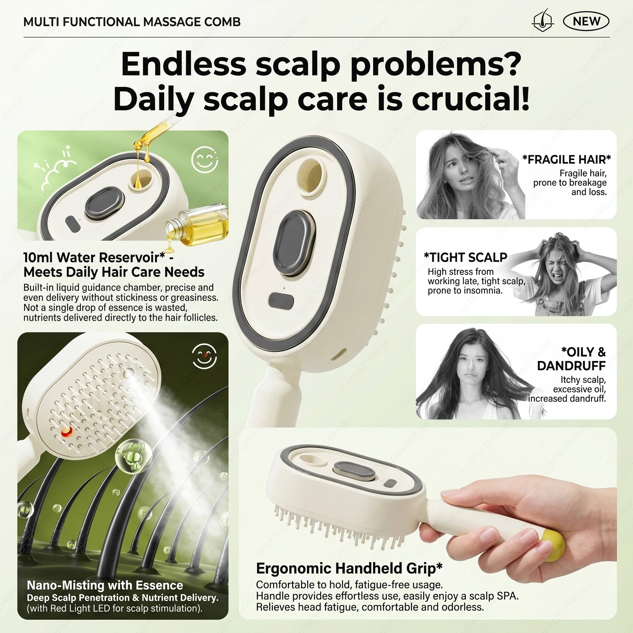 Brosse électrique 3-en-1 pour cheveux – Massage, vapeur et démêlage rechargeable
