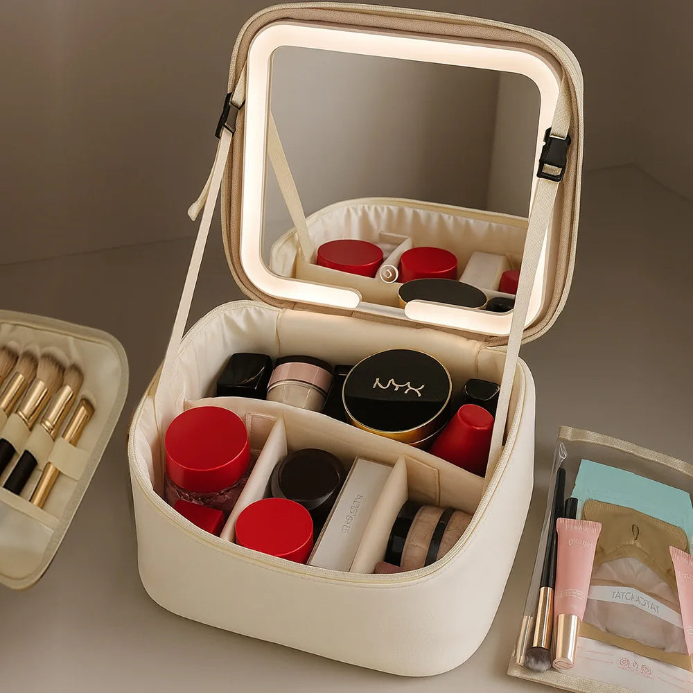 Trousse de maquillage avec miroir LED – Grande capacité, organisateur de voyage