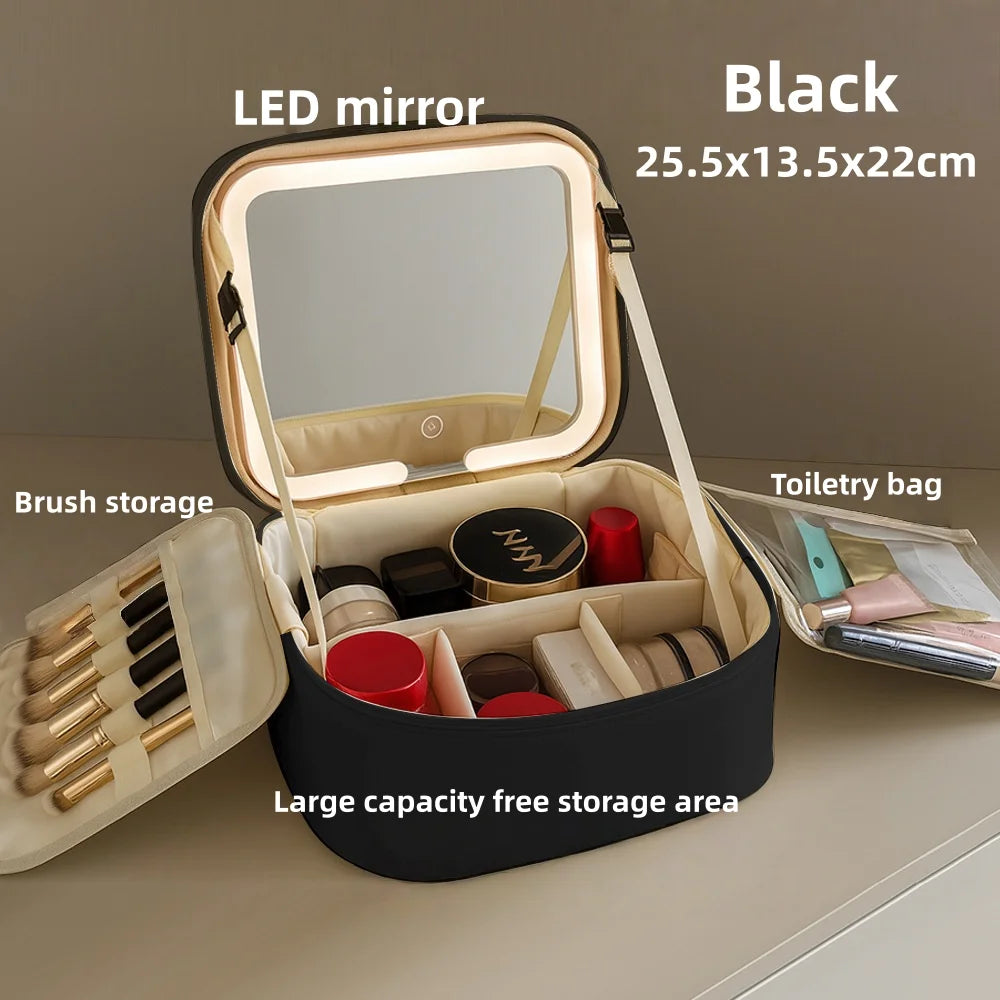Trousse de maquillage avec miroir LED – Grande capacité, organisateur de voyage