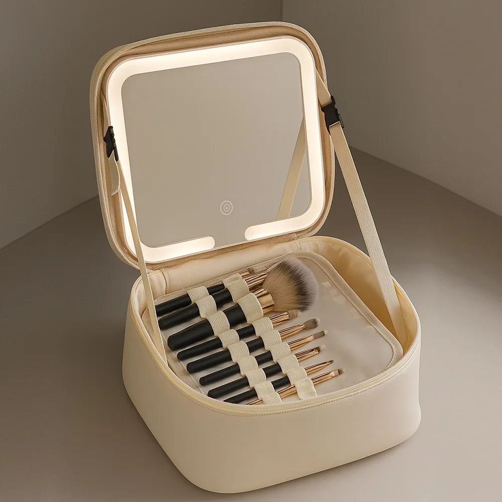 Trousse de maquillage avec miroir LED – Grande capacité, organisateur de voyage