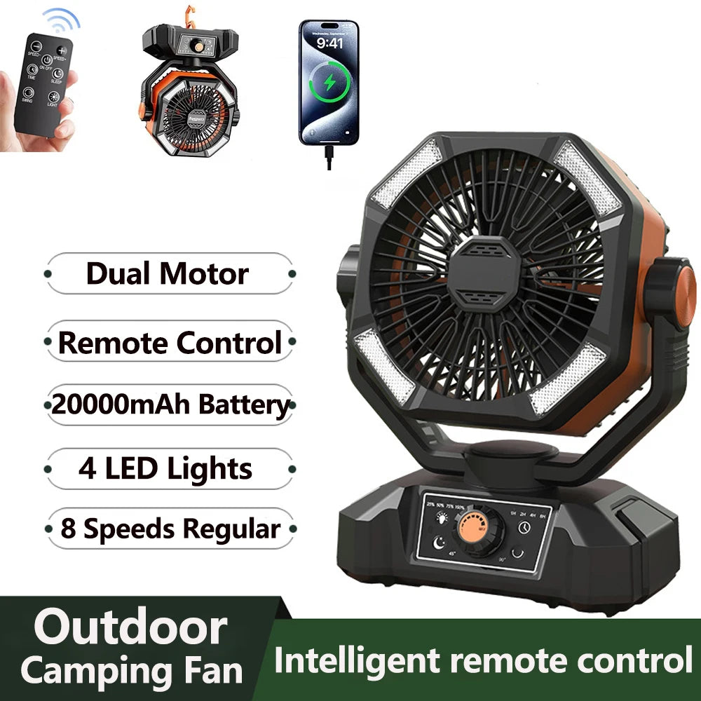 Ventilateur de camping 20 000 mAh avec LED – Portable et rechargeable