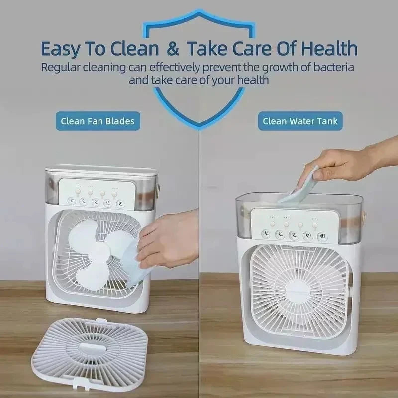 Mini climatiseur portable 3-en-1 – Ventilateur, humidificateur et refroidisseur d'air avec LED