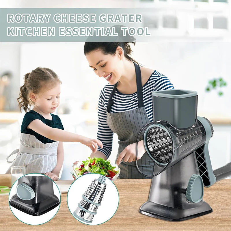 Râpe Rotative 3-en-1 Manuelle – Râpe à Fromage, Trancheuse et Hachoir à Légumes