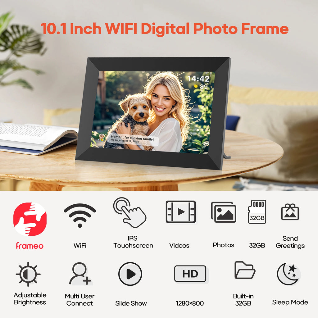 Cadre Photo Numérique Frameo 10,1" WiFi – Écran Tactile HD IPS 1280 × 800, 32 Go, Partage Instantané de Photos, Montage Mural