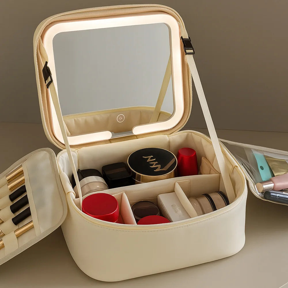 Trousse de maquillage avec miroir LED – Grande capacité, organisateur de voyage