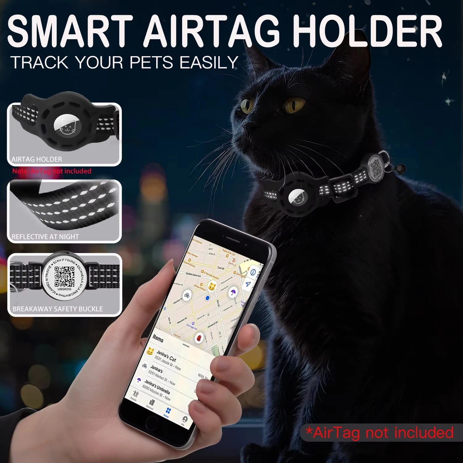 Collier GPS pour Chat Compatible AirTag – Réfléchissant avec Support AirTag, Étiquette QR et Fermeture de Sécurité