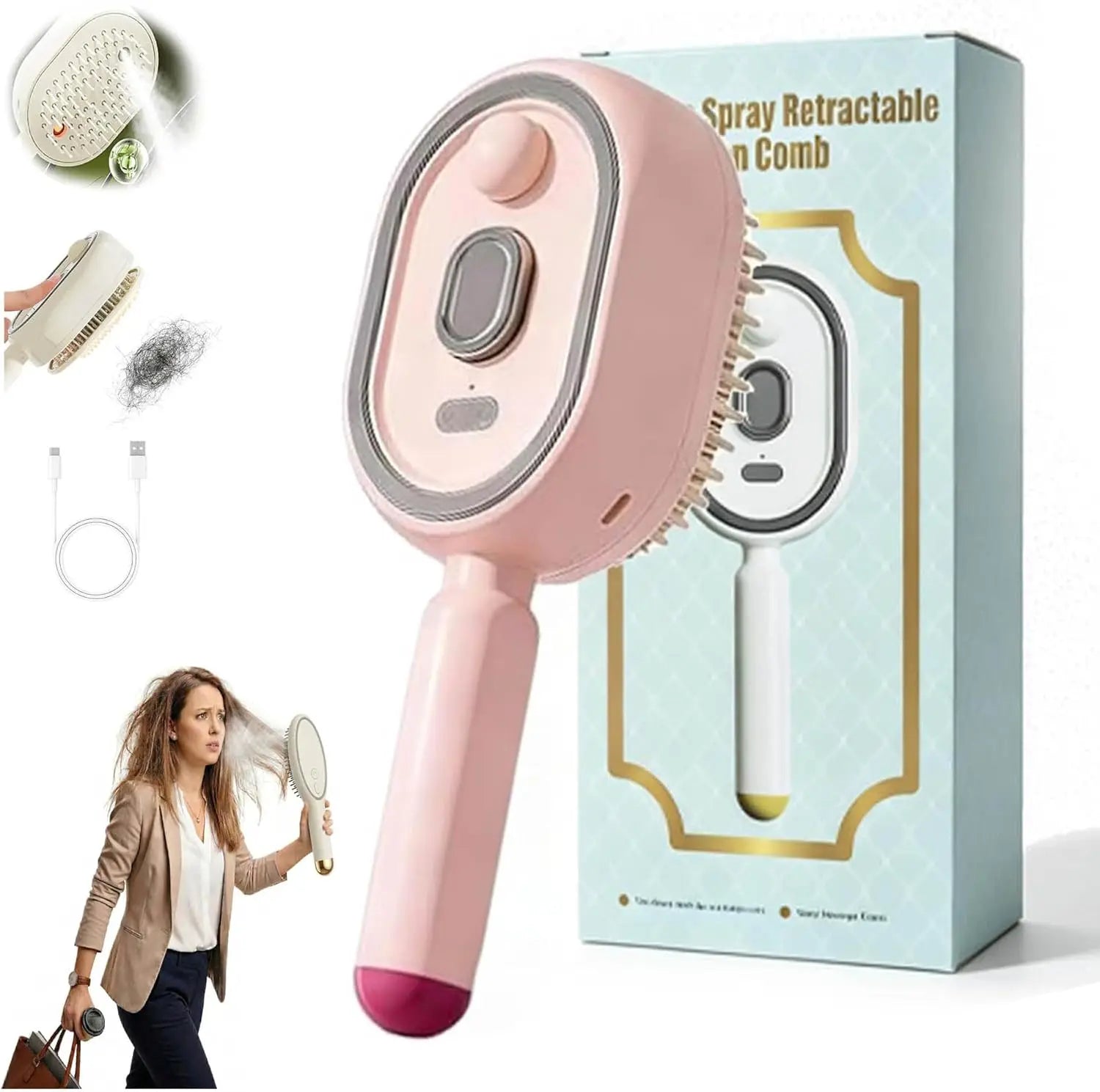 Brosse électrique 3-en-1 pour cheveux – Massage, vapeur et démêlage rechargeable