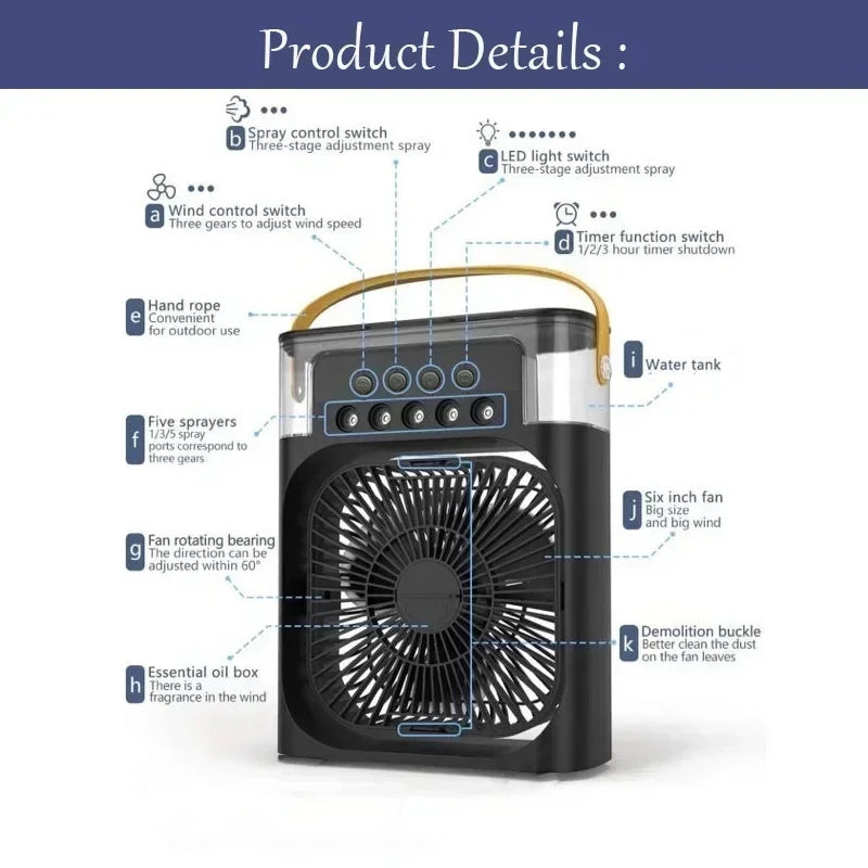 Mini climatiseur portable 3-en-1 – Ventilateur, humidificateur et refroidisseur d'air avec LED