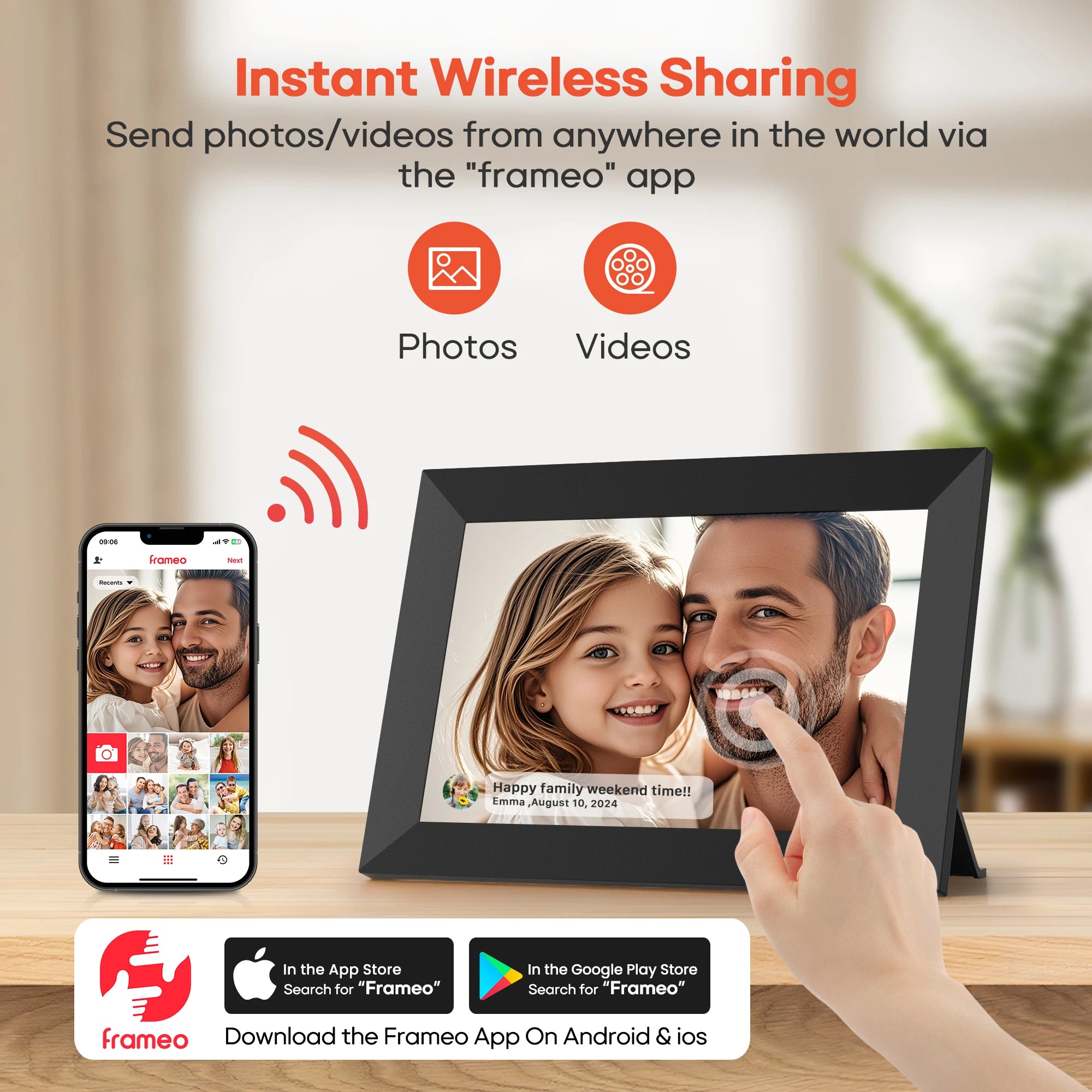 Cadre Photo Numérique Frameo 10,1" WiFi – Écran Tactile HD IPS 1280 × 800, 32 Go, Partage Instantané de Photos, Montage Mural