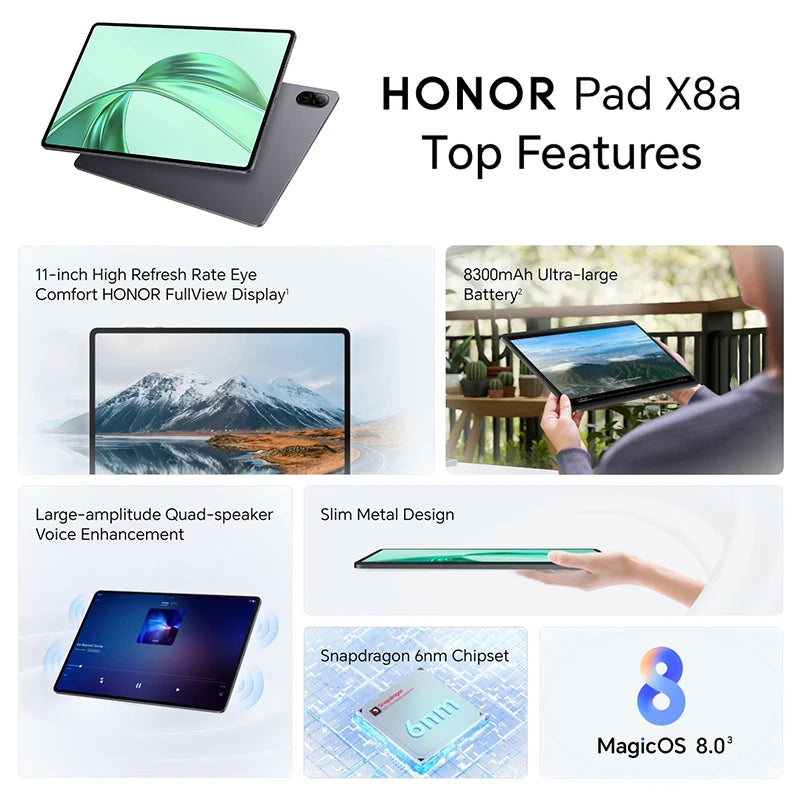 HONOR Pad X8a – Tablette Wi-Fi 11" FHD avec batterie 8300 mAh