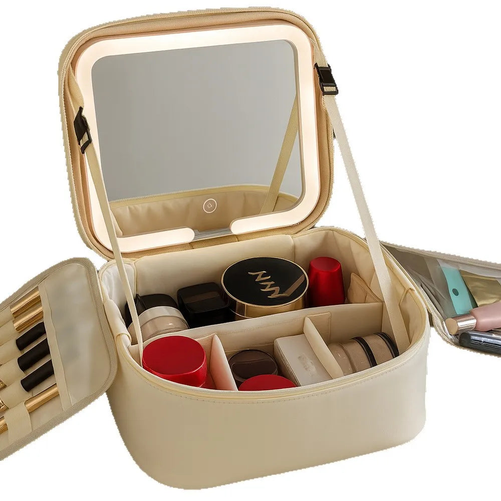Trousse de maquillage avec miroir LED – Grande capacité, organisateur de voyage