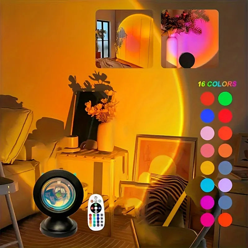 Lampe de Projection Coucher de Soleil LED – 16 Couleurs, Télécommande, USB, Effets Lumineux Dynamiques pour Chambre, Salon et Décoration