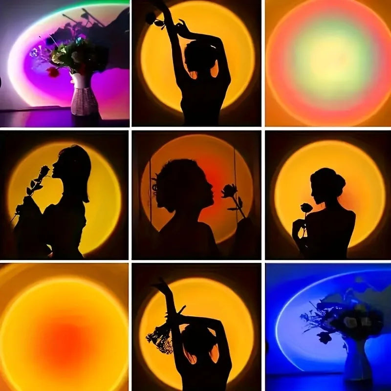 Lampe de Projection Coucher de Soleil LED – 16 Couleurs, Télécommande, USB, Effets Lumineux Dynamiques pour Chambre, Salon et Décoration