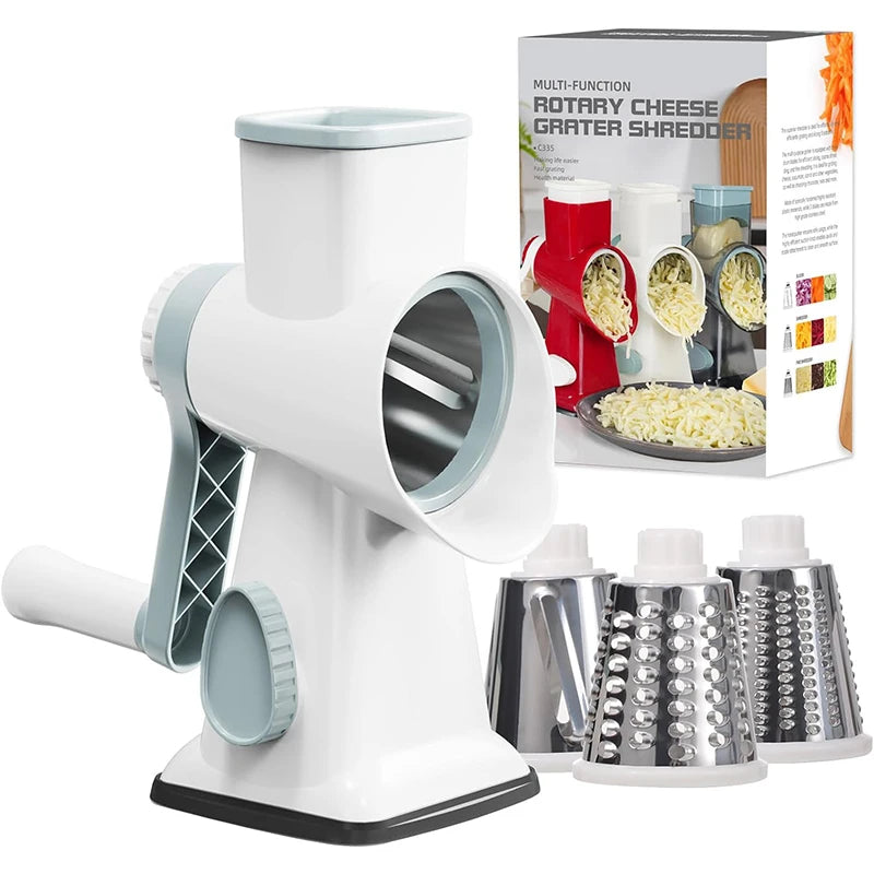 Râpe Rotative 3-en-1 Manuelle – Râpe à Fromage, Trancheuse et Hachoir à Légumes