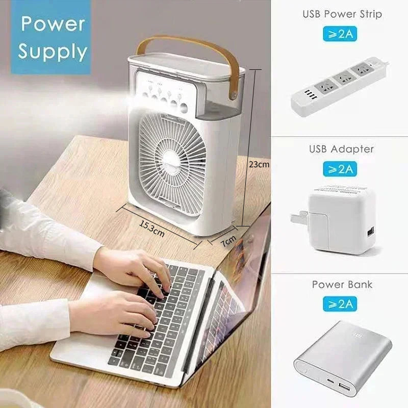 Mini climatiseur portable 3-en-1 – Ventilateur, humidificateur et refroidisseur d'air avec LED