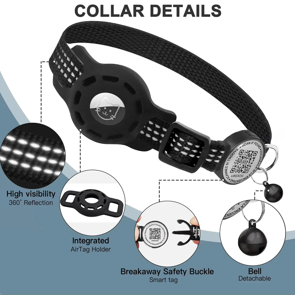 Collier GPS pour Chat Compatible AirTag – Réfléchissant avec Support AirTag, Étiquette QR et Fermeture de Sécurité
