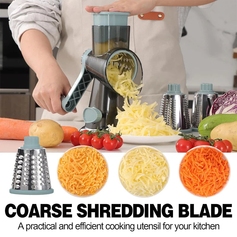 Râpe Rotative 3-en-1 Manuelle – Râpe à Fromage, Trancheuse et Hachoir à Légumes