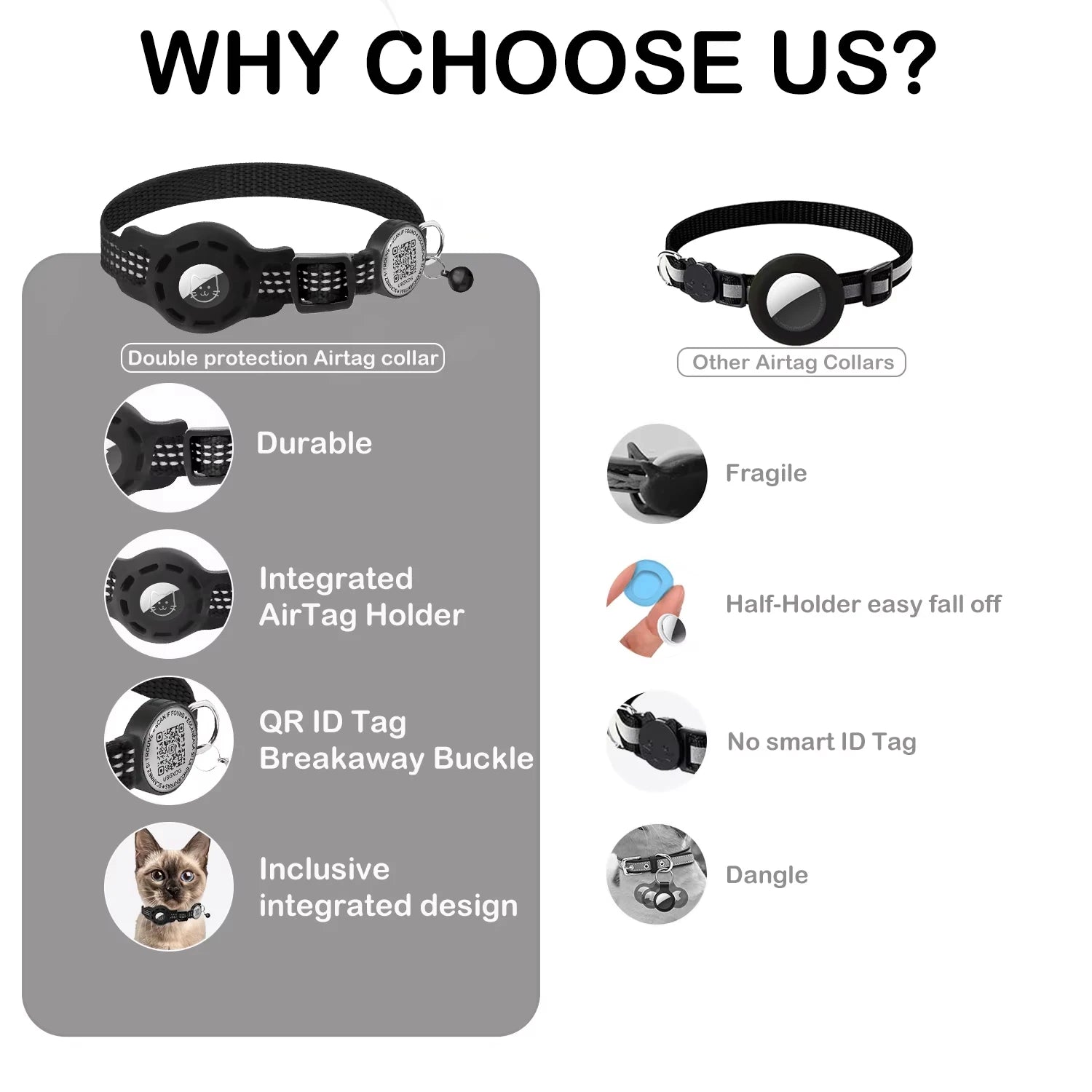 Collier GPS pour Chat Compatible AirTag – Réfléchissant avec Support AirTag, Étiquette QR et Fermeture de Sécurité