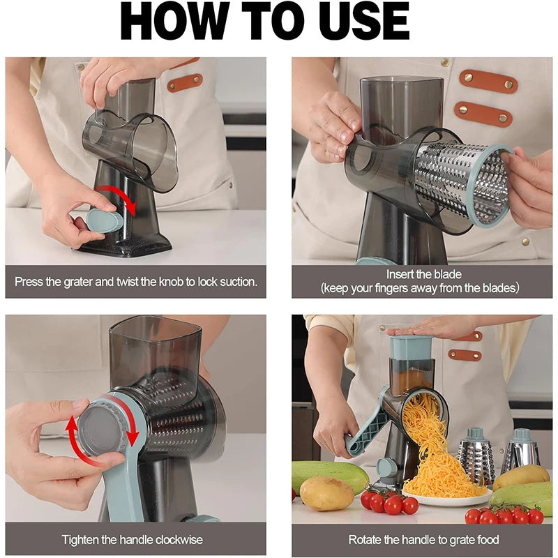 Râpe Rotative 3-en-1 Manuelle – Râpe à Fromage, Trancheuse et Hachoir à Légumes