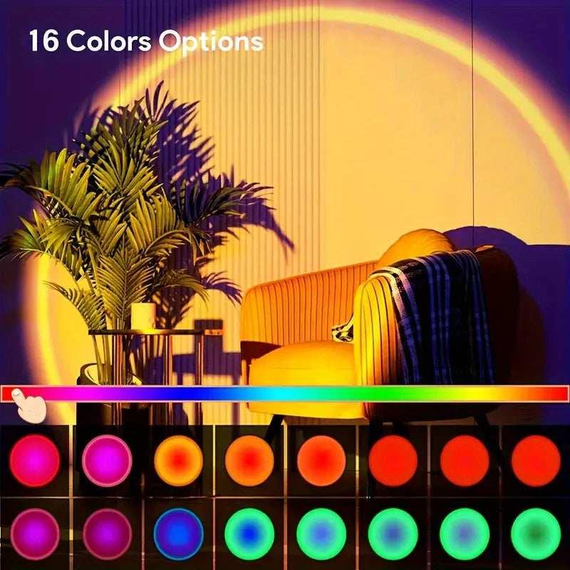 Lampe de Projection Coucher de Soleil LED – 16 Couleurs, Télécommande, USB, Effets Lumineux Dynamiques pour Chambre, Salon et Décoration