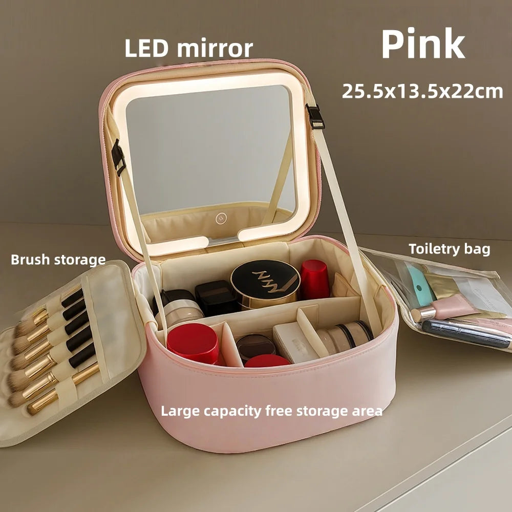 Trousse de maquillage avec miroir LED – Grande capacité, organisateur de voyage