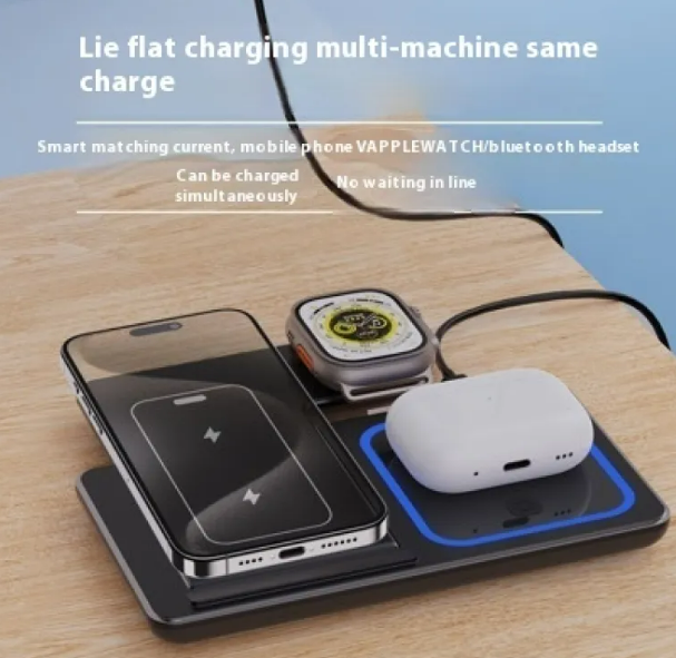 Chargeur Sans Fil 3-en-1 Pliable 15W – Station de Charge Rapide LED pour Smartphone, Montre Connectée et Écouteurs