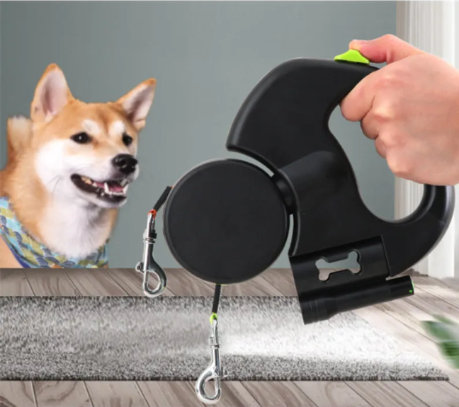 Laisse Double Automatique pour Chiens – Laisse Rétractable 2-en-1 pour Promenade de Deux Chiens